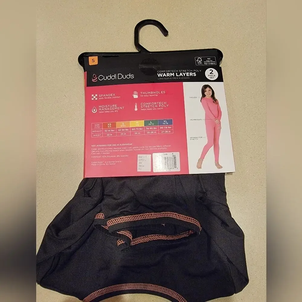 Girls Small Cuddl Duds Black Warm Layers Two Piece Thermal Set